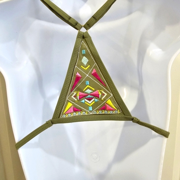 Marilyn Monroe Boho Bikini – Olive Green Aztec Embroidered Back Fringe Side Tie - Picture 11 of 16